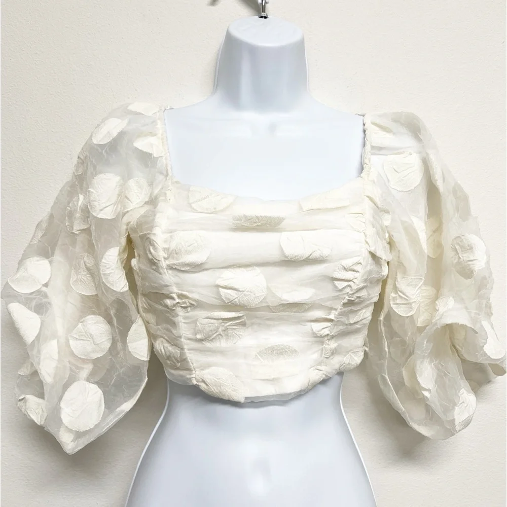 Zara Womens Bloggers Fave Cream Rose Petal Balloon Sleeve Cropped Top Size XS